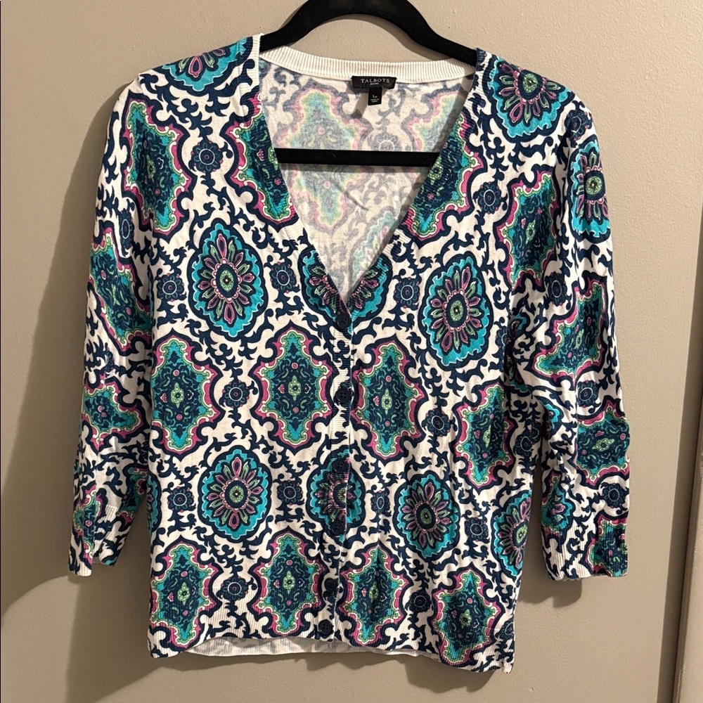 Talbots Blue and Pink Patterned V-Neck top or cardigan with functional buttons